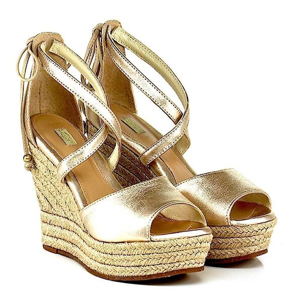 UGG Reagan Metallic Leather Strappy Open Toe Wedge Sandals Sz 10 - Picture 1 of 12